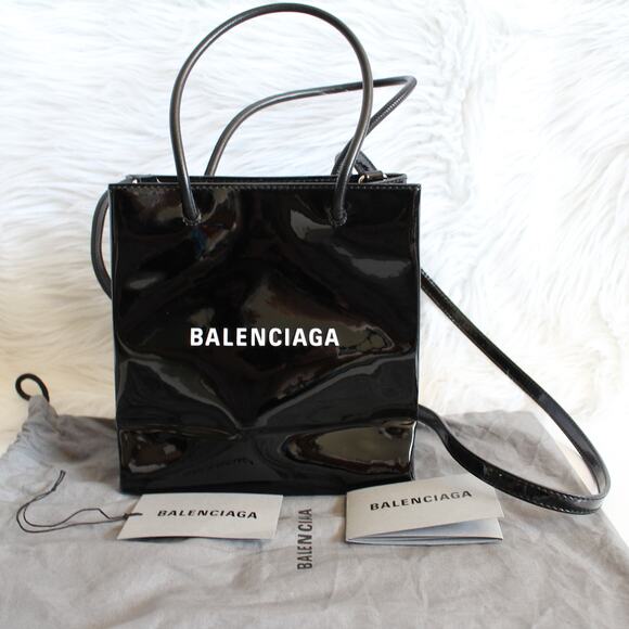 Balenciaga Black Patent Leather XXS Shopping Tote Crossbody Bag New - Picture 1 of 14